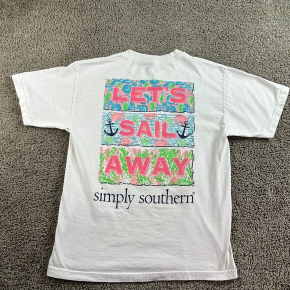 Simply Southern Shirt Women Medium White Pink Lets Sail Away Preppy Ladies * - Picture 1 of 12